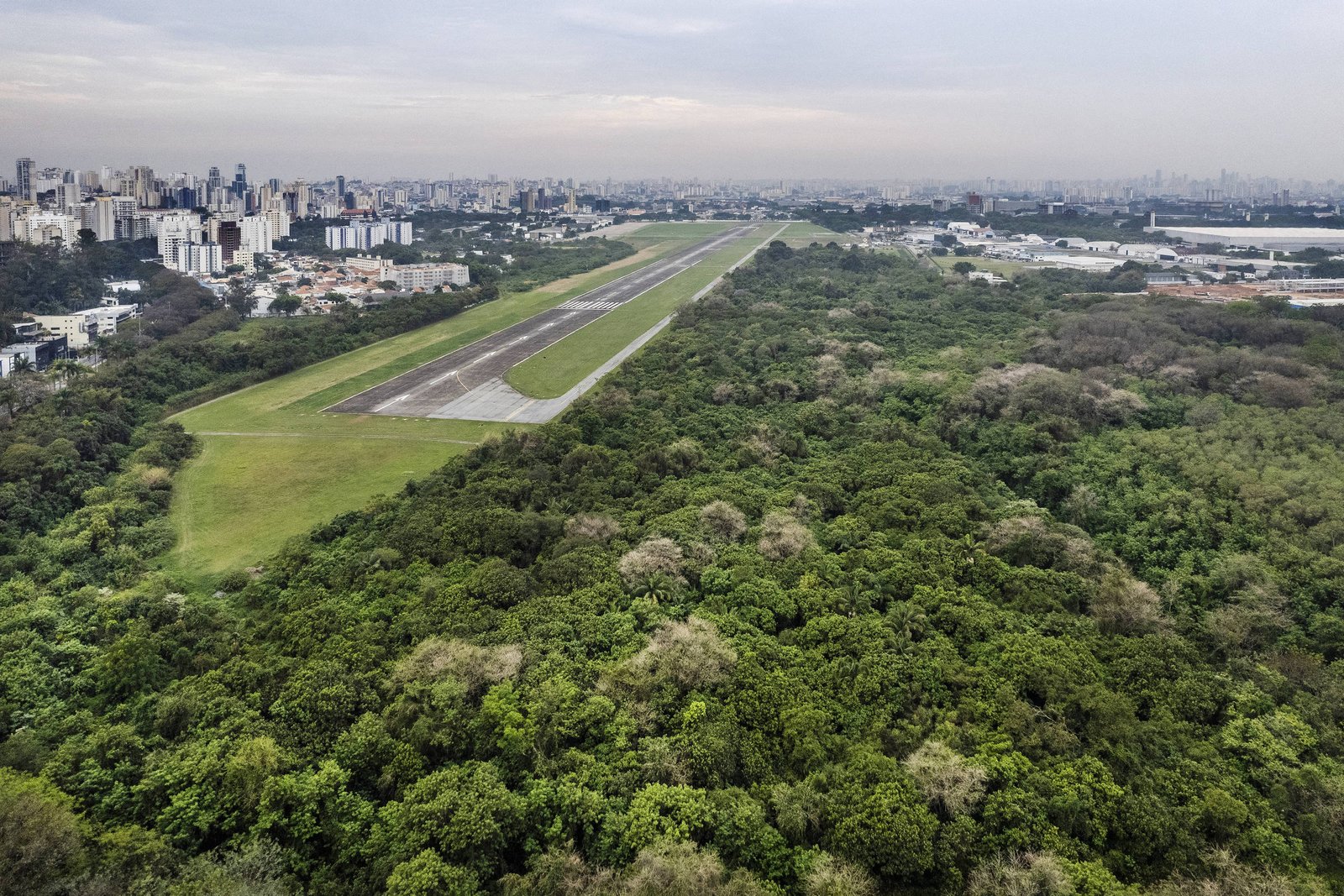 Pista de pouso longa e estreita cercada por densa área verde com árvores. Ao fundo, prédios altos da cidade de São Paulo sob céu nublado.