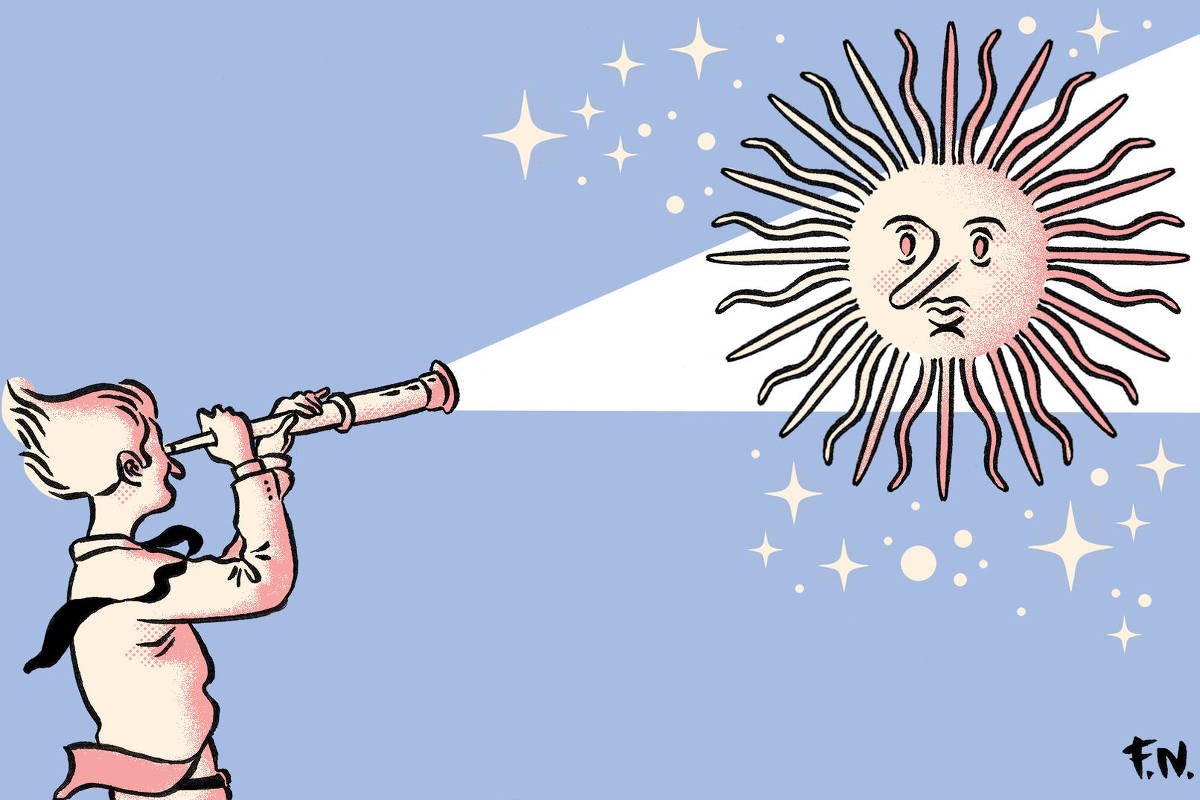 Ilustração mostra uma pessoa de perfil olhando para o sol através de uma luneta. O sol tem rosto humano com expressão neutra e raios alternados em preto e vermelho. A luneta projeta um feixe de luz branco em direção ao sol, que está rodeado por estrelas brilhantes em fundo azul claro.