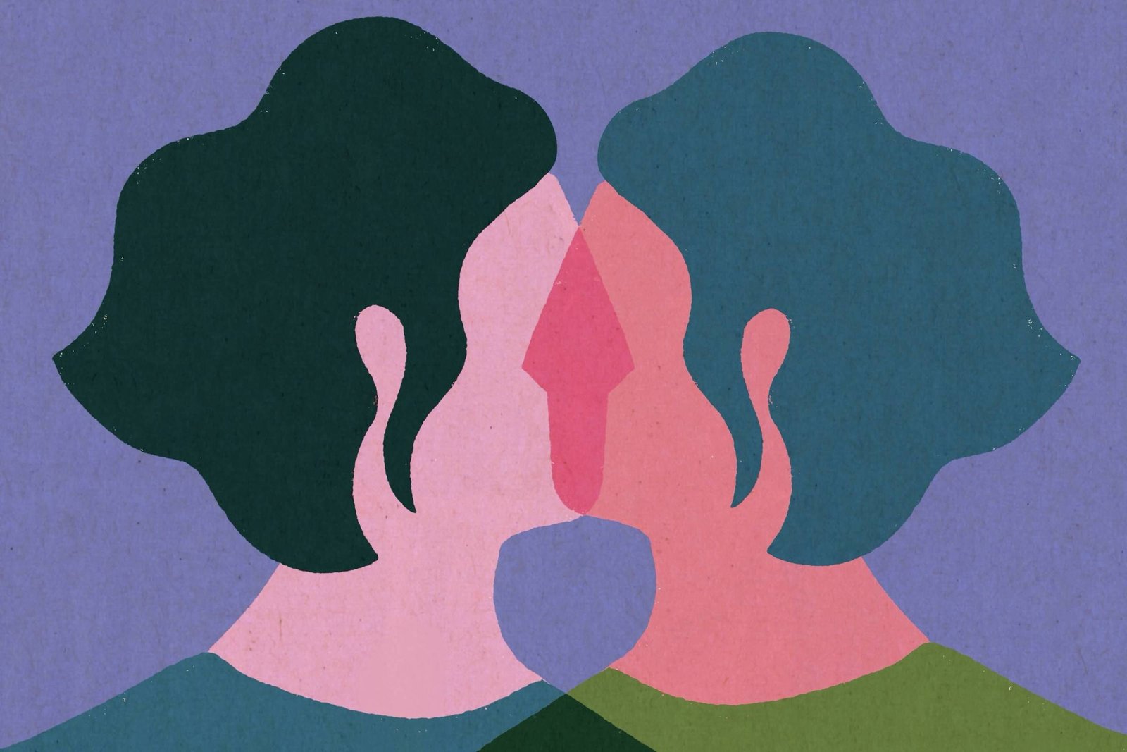 Composição abstrata e simétrica mostrando dois perfis humanos espelhados, voltados um para o outro. As formas são simplificadas e sobrepostas, com cores suaves como rosa, verde e azul, criando a sensação de reflexão, diálogo interno ou conexão entre duas identidades. O fundo liso reforça o caráter simbólico e contemplativo da imagem.