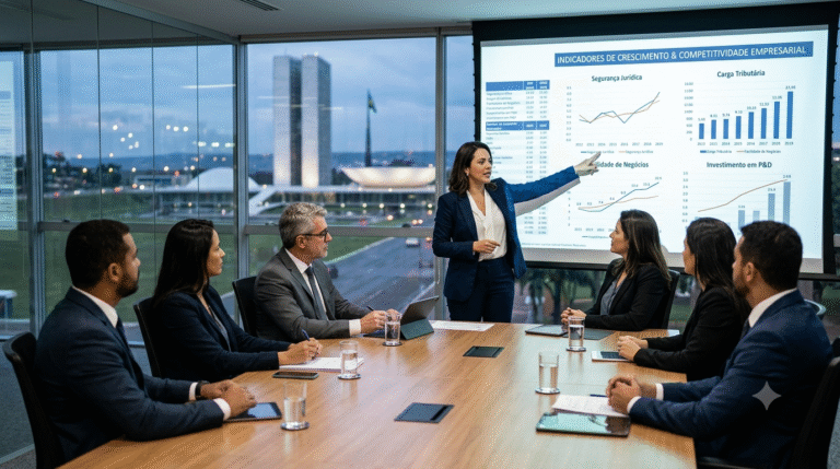 Executivos acompanham apresentação sobre regulação e competitividade empresarial durante reunião corporativa, com o Congresso Nacional ao fundo em Brasília.