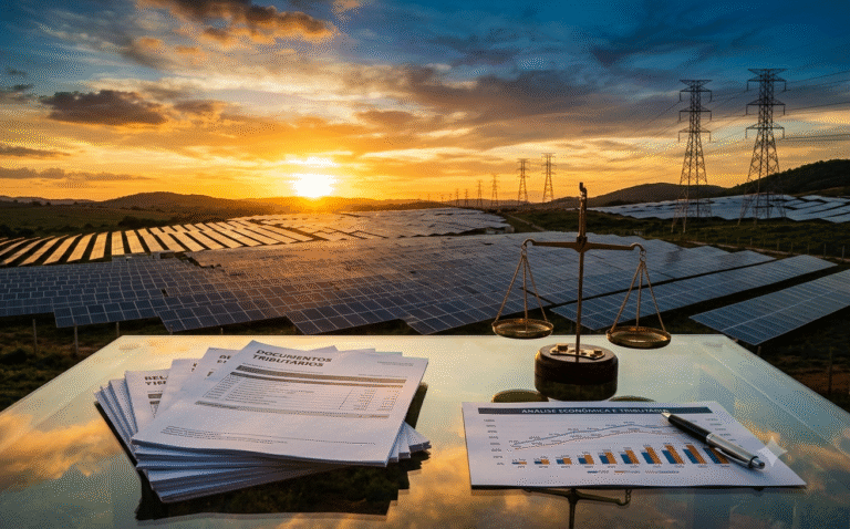 Usina de energia solar com extensos painéis fotovoltaicos ao pôr do sol, linhas de transmissão ao fundo e, em primeiro plano, documentos tributários, gráficos financeiros e uma balança da justiça, simbolizando o debate sobre tributação e transição energética no Brasil.