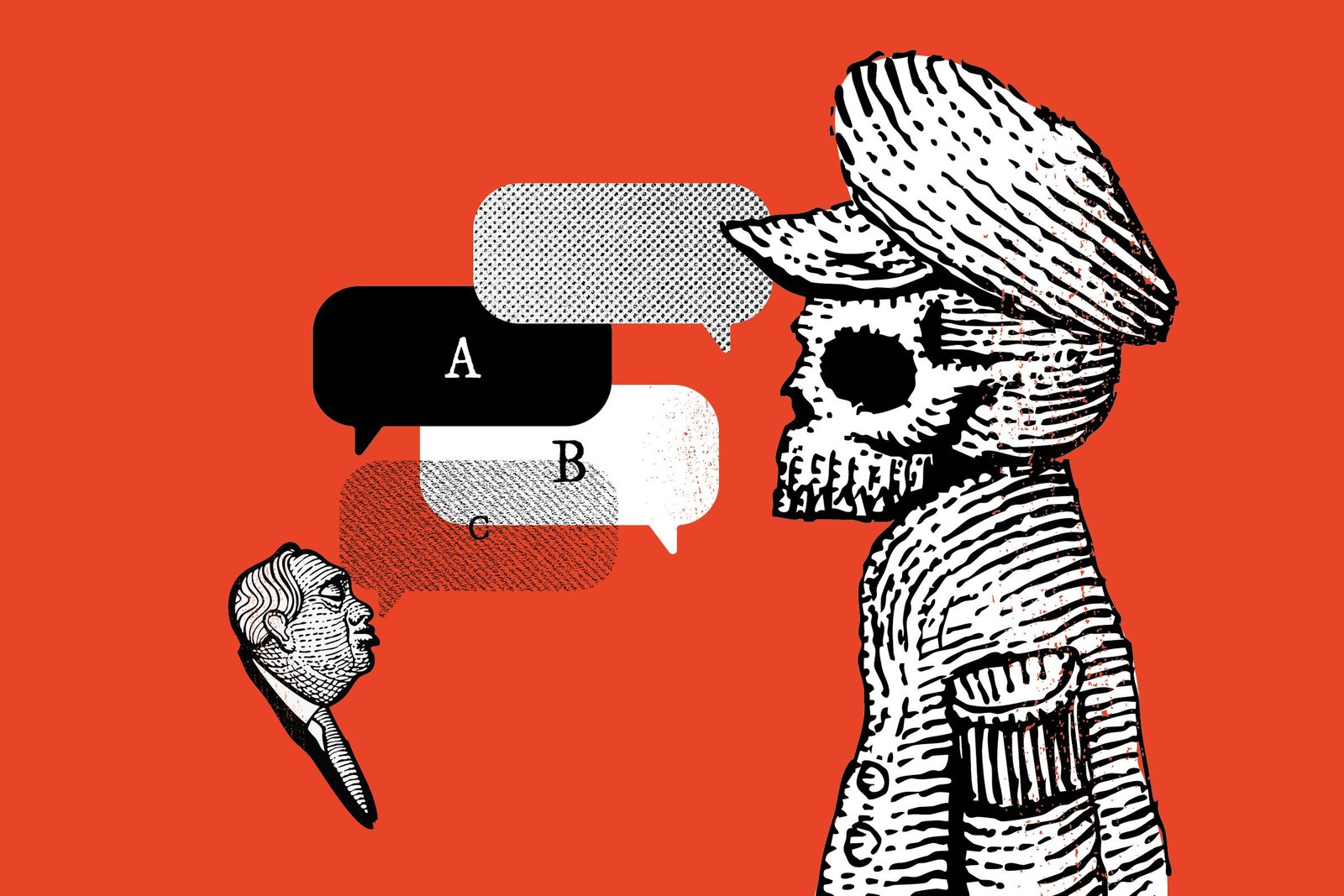 Ilustração mostra um homem pequeno à esquerda falando com uma grande caveira vestindo casaco e chapéu à direita. Balões de fala sobrepostos contêm as letras