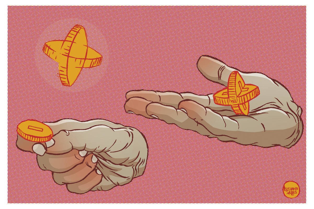 Ilustração mostra duas mãos em fundo vermelho pontilhado. A mão esquerda segura uma moeda laranja redonda, enquanto a mão direita exibe uma moeda laranja em formato de cruz tridimensional.