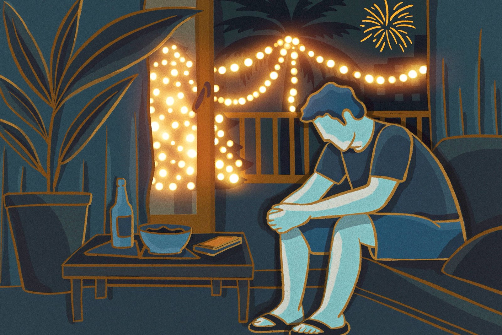A ilustração mostra uma pessoa sentada em um sofá durante a noite, com o corpo curvado para frente e a cabeça baixa, transmitindo cansaço ou introspecção. O ambiente é uma sala com tons azulados e iluminação baixa. Ao fundo, há uma porta ou janela aberta para uma varanda, decorada com luzes amarelas em formato de cordão e fogos de artifício no céu noturno, além da silhueta de uma palmeira. À frente da pessoa, uma mesa baixa sustenta uma garrafa, um prato com comida e um livro fechado. A cena cria um contraste entre a atmosfera festiva do lado de fora e o clima silencioso e solitário do interior.