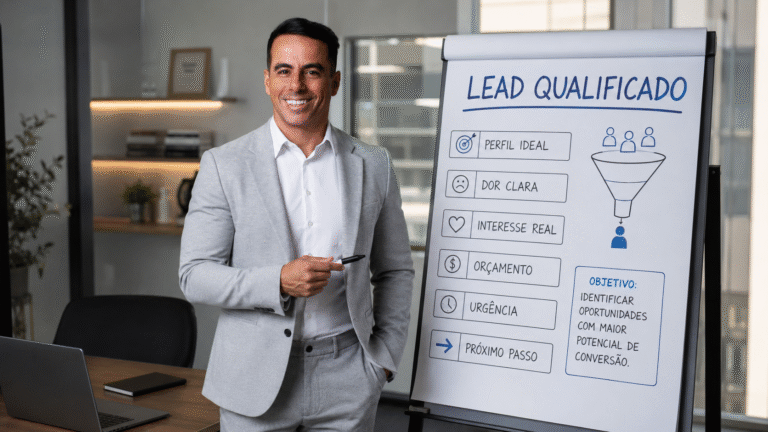 Giva Matias ao lado de um quadro explicativo sobre lead qualificado, apresentando critérios objetivos para qualificação de leads em operações comerciais.