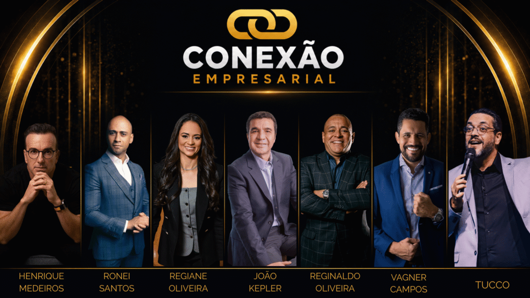 Participantes do Conexão Empresarial reunidos na identidade visual oficial do evento.