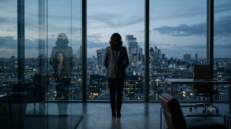 Executiva observa a cidade pela janela de um escritório corporativo, em uma reflexão sobre sucesso, futuro e riscos da carreira.