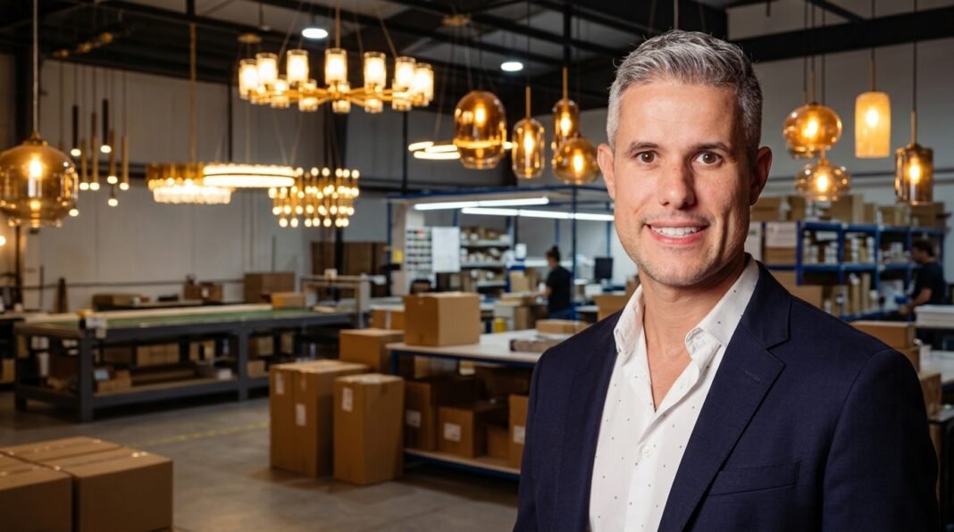 Eduardo Vaccari em fábrica de lustres com operação de produção e logística ao fundo.