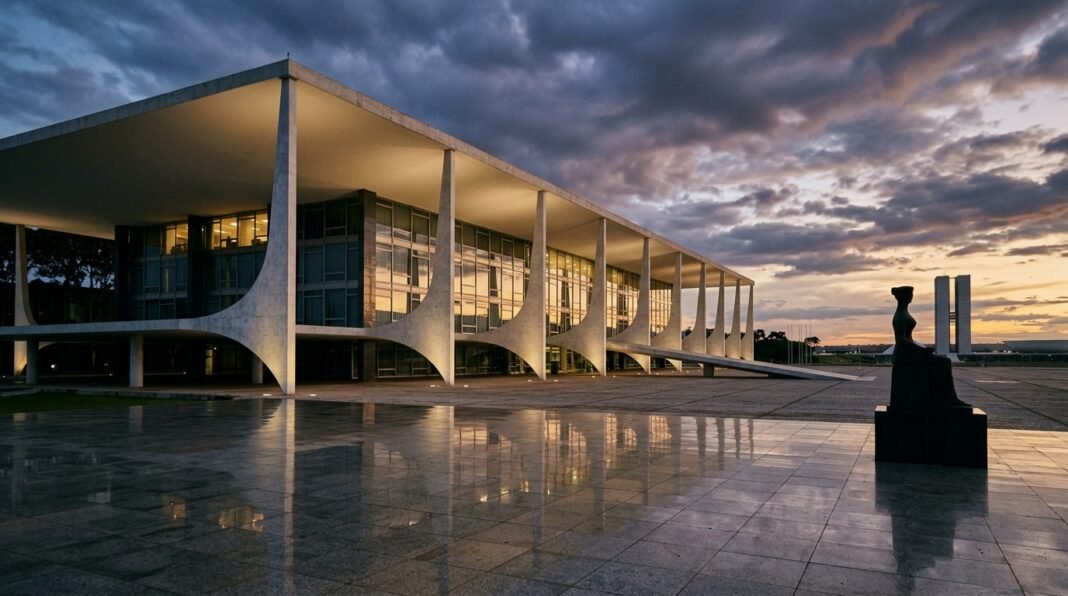Fachada do Supremo Tribunal Federal, em Brasília, sob céu nublado, com a escultura da Justiça em primeiro plano.