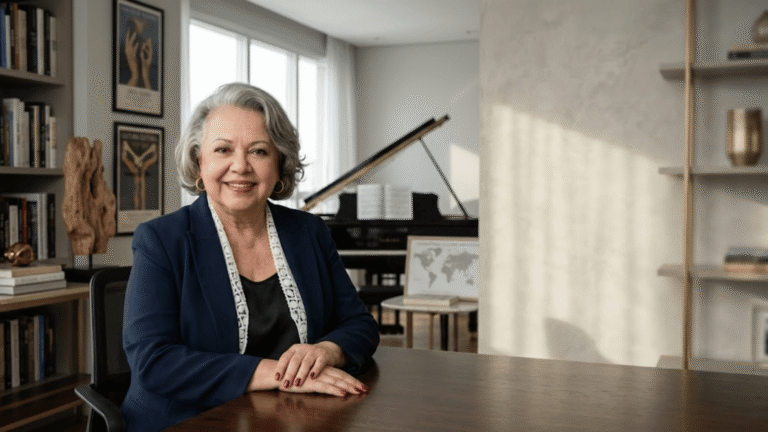 Myrinha Vasconcellos em ambiente de trabalho cercada por livros, arte e piano, representando longevidade produtiva, liderança e atividade intelectual.