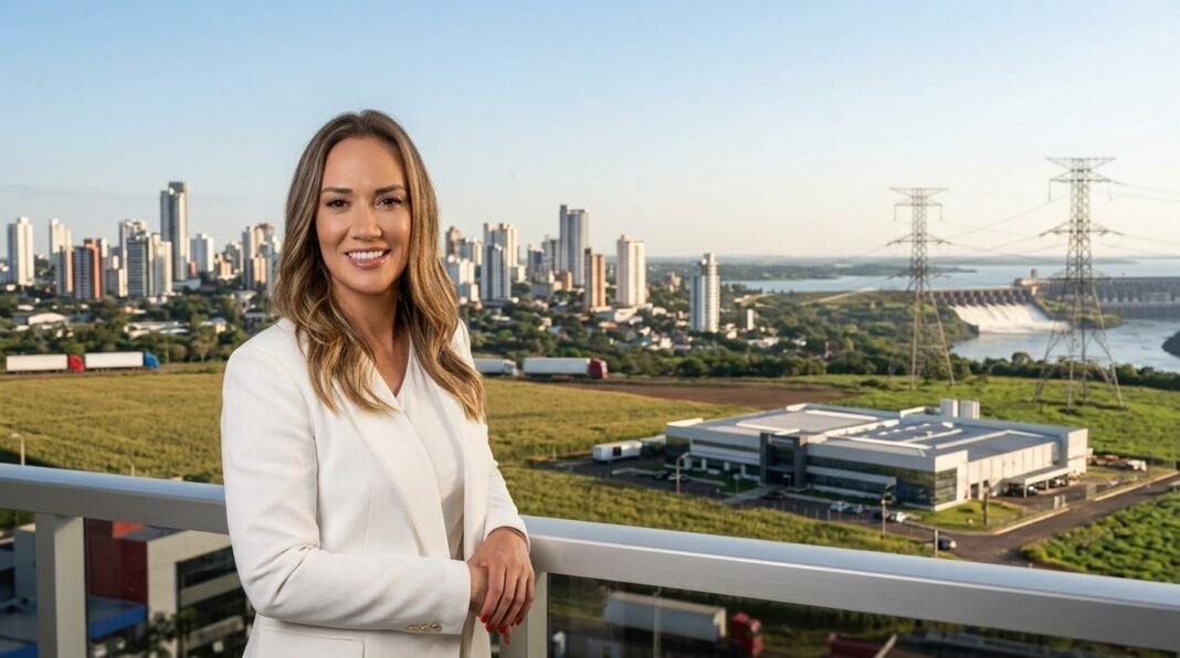 Mulher em cenário empresarial que reúne centro urbano, agronegócio, indústria e infraestrutura energética, representando as oportunidades econômicas no Paraguai.